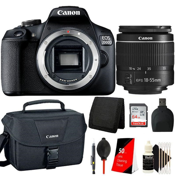 Canon EOS 2000D / Rebel T7 24.1MP Digital SLR Camera + EF-S 18-55mm lens + 64GB Accessory Kit