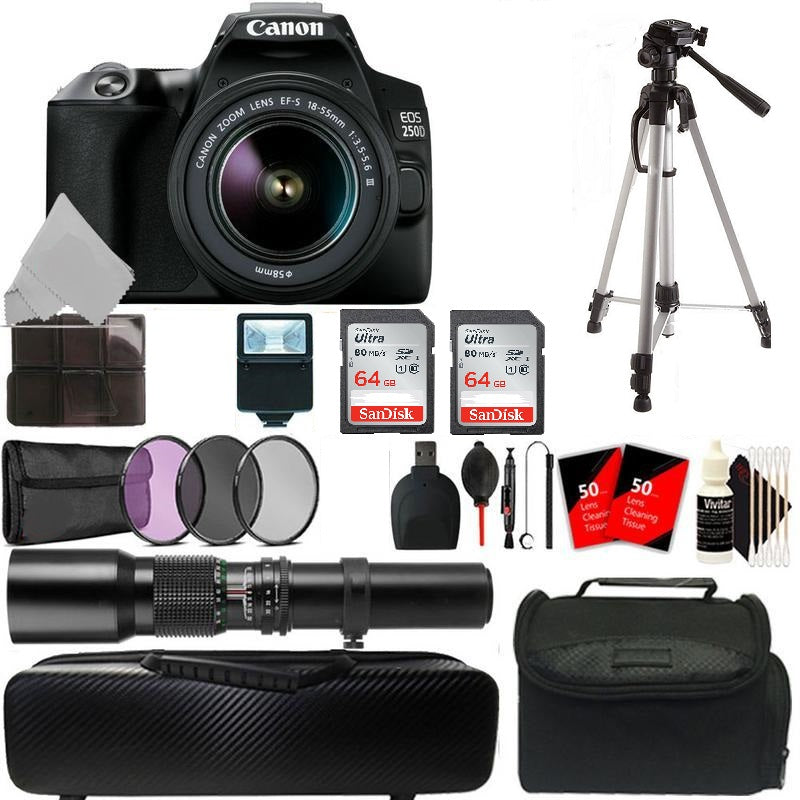 Canon EOS 250D Rebel SL3 24.1MP DSLR Camera + 18-55mm & 500mm Lens Accessory Kit