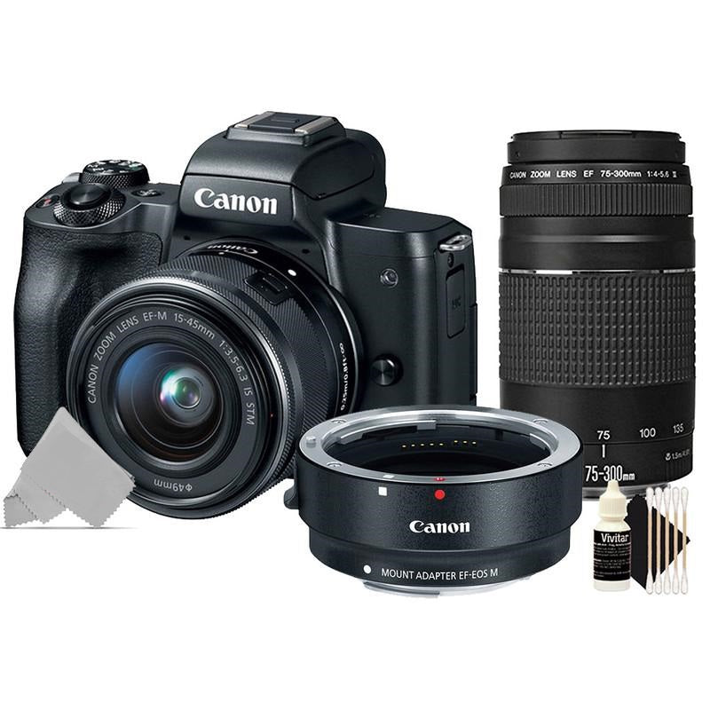 Canon EOS M50 Mirroless 24.1MP Digital Camera w/ 15-45mm + EOS M Adapter + 75-300mm Lens Kit