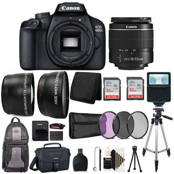 Canon EOS 4000D 18MP Digital SLR Camera + 18-55mm lens + 64gb Memory Card + 58mm Telephoto & Wide Angle Lens+ 3pc FilterKit+ Card Wallet + Card Reader + SlaveFlash + Backpack+ Case+ CleaningKit + Mini Tripod