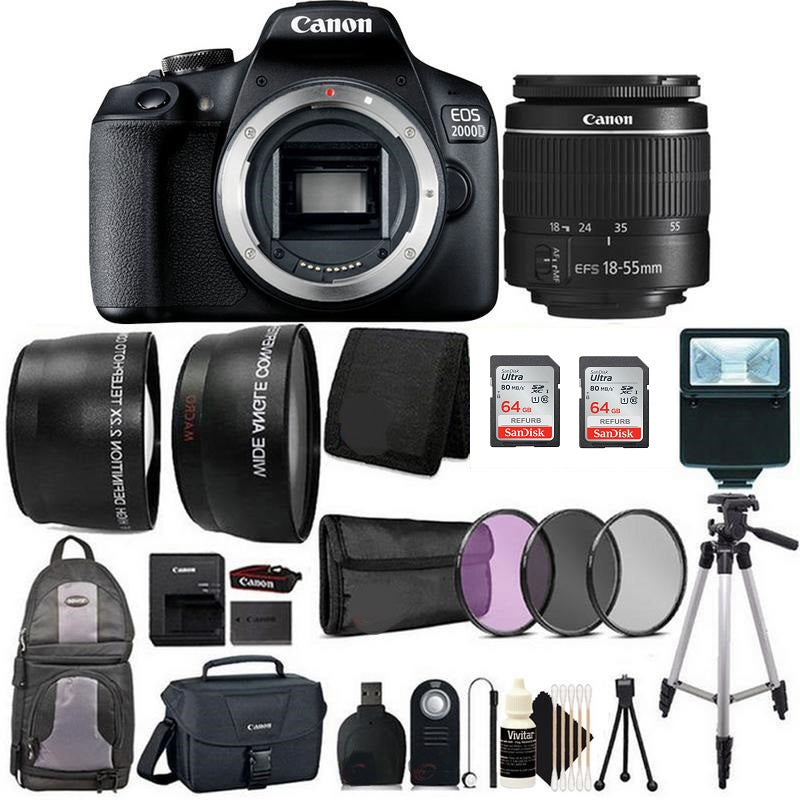 Canon EOS 2000D / Rebel T7 24.1MP Digital SLR Camera + 18-55mm Lens, Backpack, Canon Case + Bundle