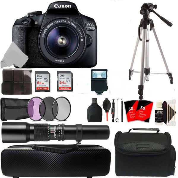 Canon EOS 2000D 24.1MP DSLR Camera + 18-55mm + 500mm Lens + 2x Converter + T-Mount + Filter Kit + 8GB Memory Card + Card Holder + Reader + Lens Pen + Dust Blower + Camera & Lens Case + 100 Lens Tissue + 3pc Cleaning Kit
