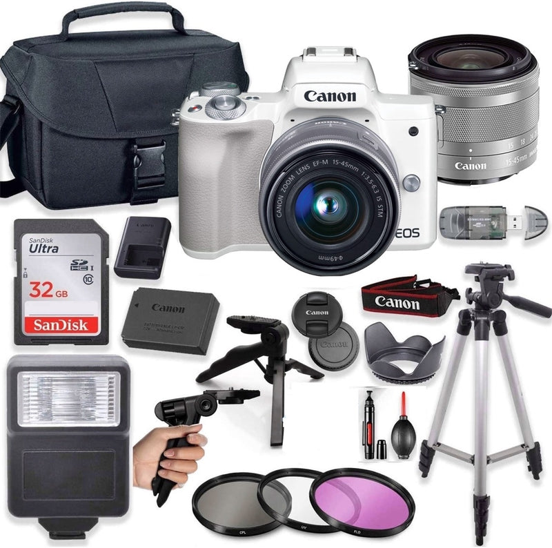 Canon EOS M50 Mirrorless Digital Camera (White) with 15-45mm STM Lens + Deluxe Accessory Bundle Including Sandisk 32GB Card, Canon Case, Flash, Grip Multi Angle Tripod, 50" Tripod, Filters and More.