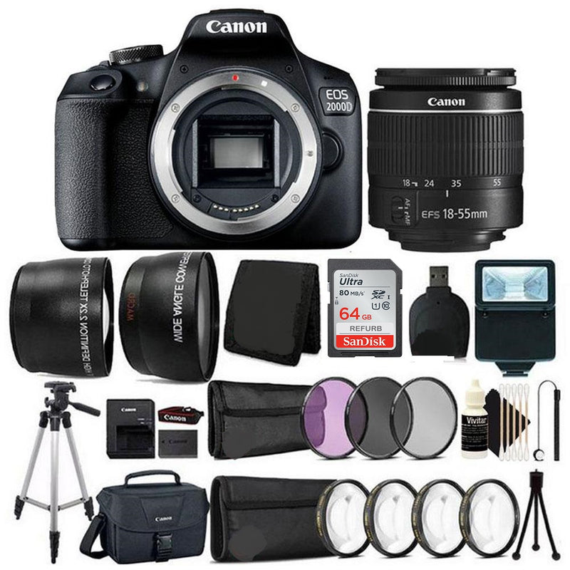 Canon EOS 2000D / Rebel T7 24.1MP Digital SLR Camera + 18-55mm Lens + 64GB Accessory Bundle